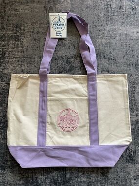 Trader Joe's Large Cream Canvas Tote with Lavender Trim